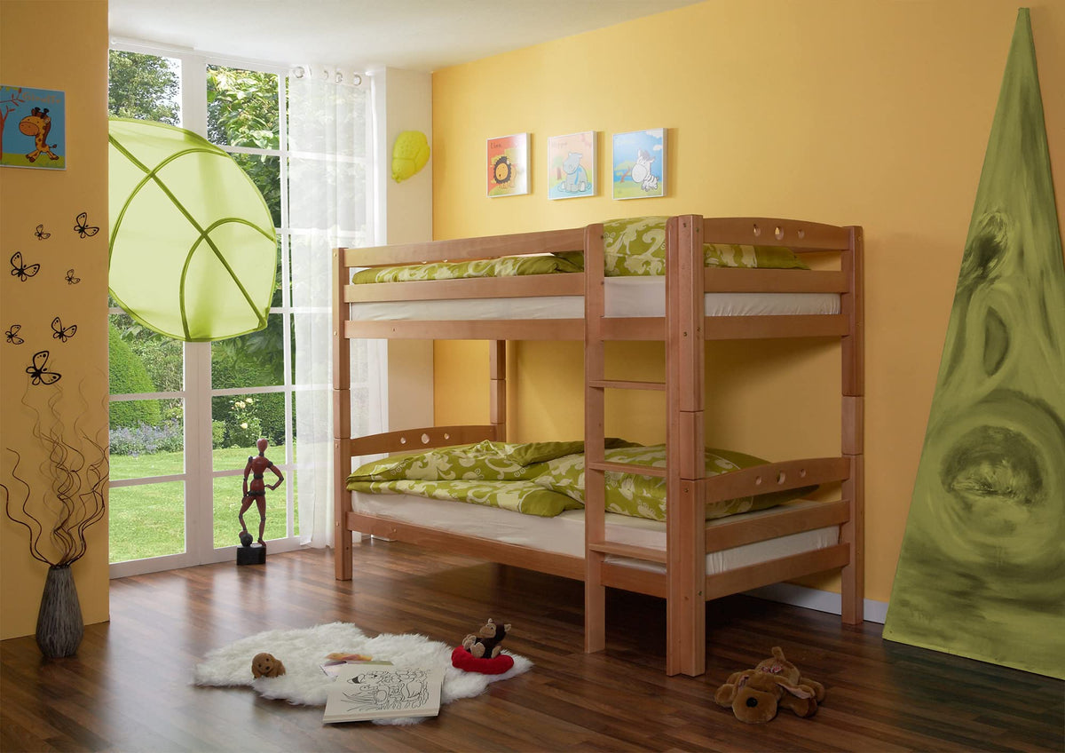 TiCAA Etagenbett, Kinderbett, Stockbett Funktionsbett für Kinder mit Treppe & Zwei Liegeflächen teilbar aus Buche Massivholz Natur Bettgestell 90 x 200