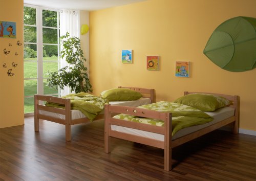 TiCAA Etagenbett, Kinderbett, Stockbett Funktionsbett für Kinder mit Treppe & Zwei Liegeflächen teilbar aus Buche Massivholz Natur Bettgestell 90 x 200