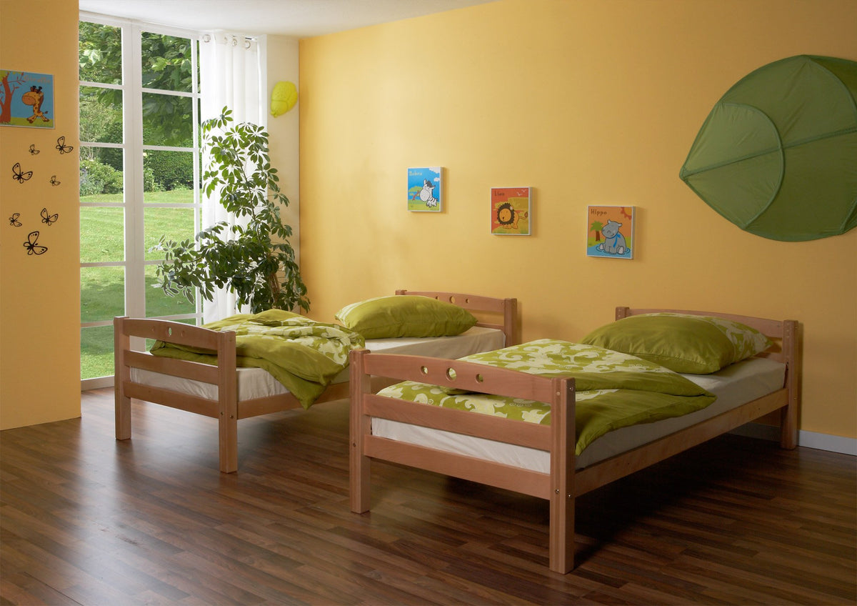 TiCAA Etagenbett, Kinderbett, Stockbett Funktionsbett für Kinder mit Treppe & Zwei Liegeflächen teilbar aus Buche Massivholz Natur Bettgestell 90 x 200