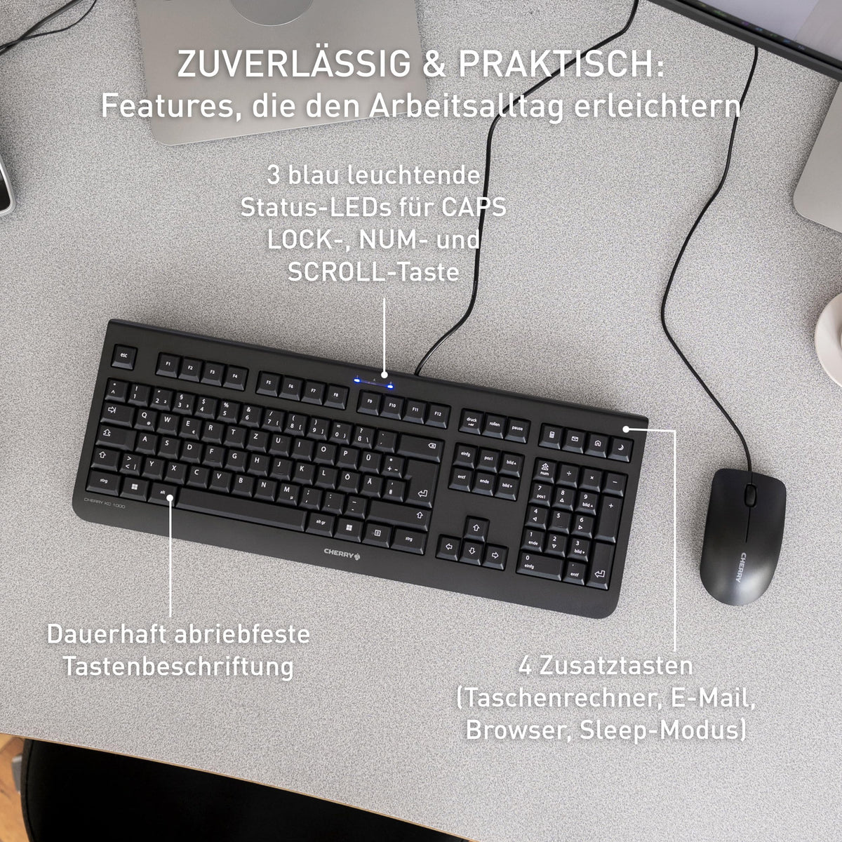CHERRY KC 1000 - USB Tastatur - Flaches Design - Kabelgebunden - „der Blaue Engel“ - GS-Zulassung - QWERTZ Business-Tastatur - Deutsches Layout - Schwarz