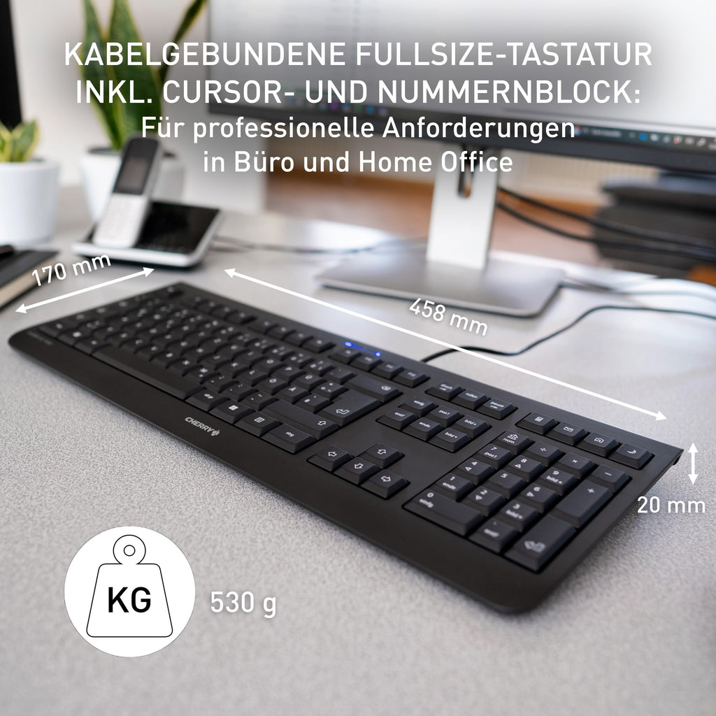 CHERRY KC 1000 - USB Tastatur - Flaches Design - Kabelgebunden - „der Blaue Engel“ - GS-Zulassung - QWERTZ Business-Tastatur - Deutsches Layout - Schwarz