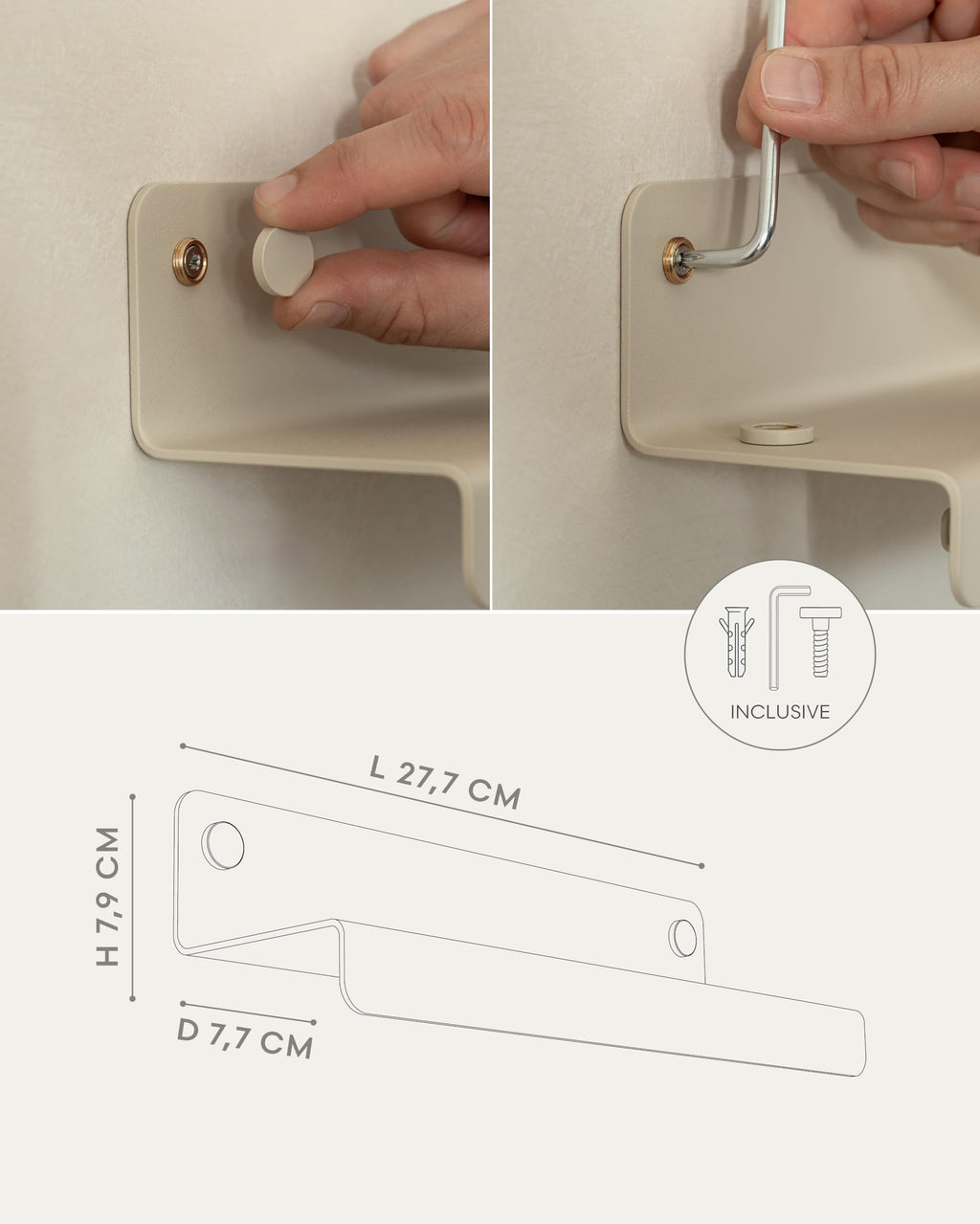 Kazai. Schlüsselbrett 'Holmsen' | Minimalistisches Schlüsselhaken-Design aus Berlin | Moderner Schlüsselhalter mit Ablage aus Metall | Schlüsselboard als Flur Möbel für die Wand | Taupe-Sand