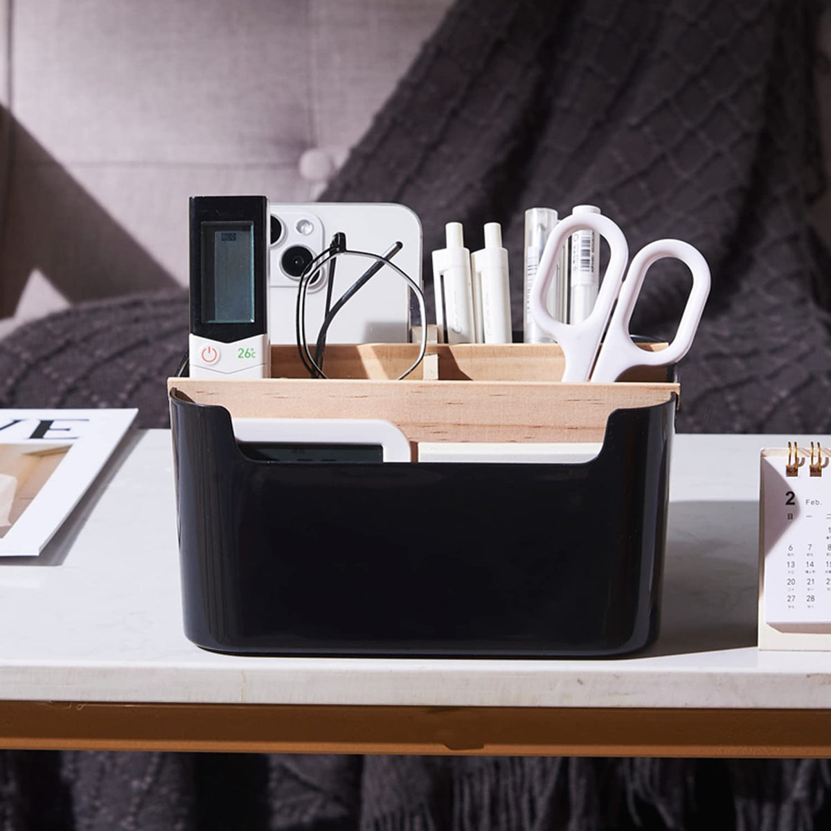 VICDUEKG Schreibtisch Organizer, 5 Fächer Bambus Büro Organizer mit Stifthalter, Aufbewahrungsbox Desk Organizer für Stifte, Kosmetika, Haftnotizen (Schwarz)