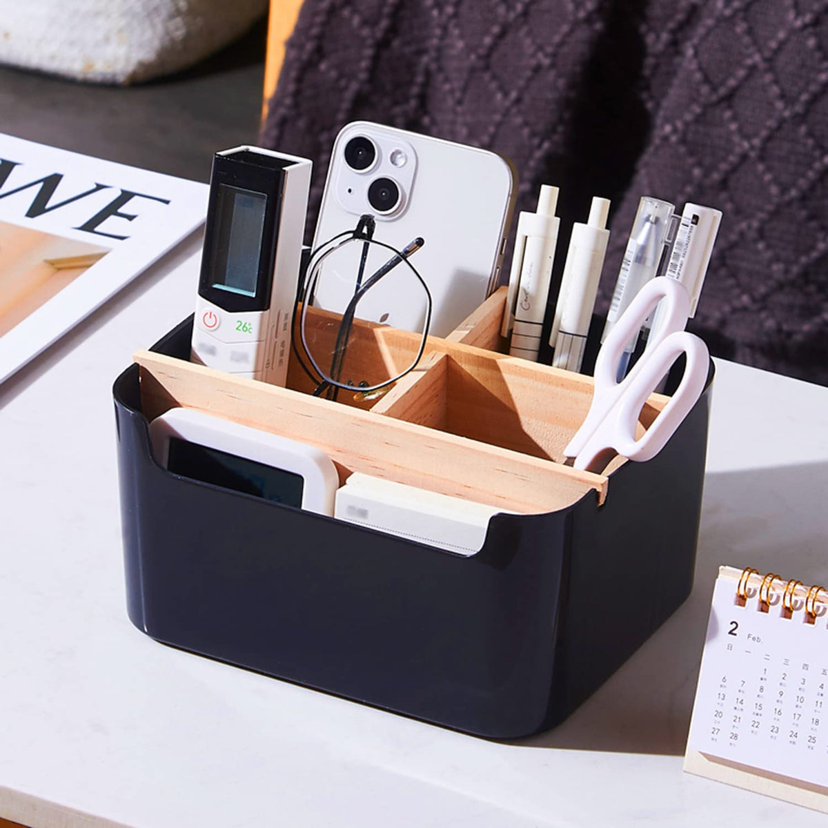 VICDUEKG Schreibtisch Organizer, 5 Fächer Bambus Büro Organizer mit Stifthalter, Aufbewahrungsbox Desk Organizer für Stifte, Kosmetika, Haftnotizen (Schwarz)