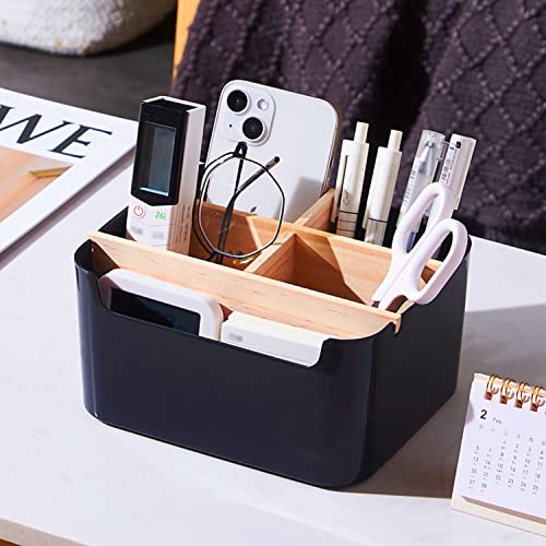 VICDUEKG Schreibtisch Organizer, 5 Fächer Bambus Büro Organizer mit Stifthalter, Aufbewahrungsbox Desk Organizer für Stifte, Kosmetika, Haftnotizen (Schwarz)