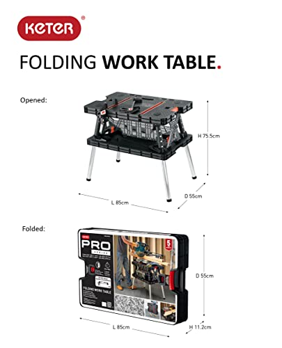 Keter Werkzeugbank faltbar Master Pro Serie Folding Work Table, Kunststoff, bis 450kg belastbar, inklusive Zwei 30cm Klemmen, wetterfest, Maße: 91x55,5x75,5cm