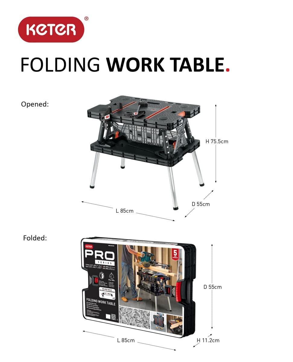 Keter Werkzeugbank faltbar Master Pro Serie Folding Work Table, Kunststoff, bis 450kg belastbar, inklusive Zwei 30cm Klemmen, wetterfest, Maße: 91x55,5x75,5cm