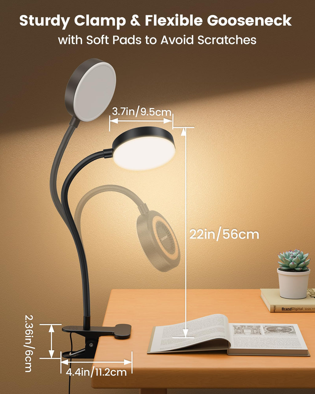 Glocusent Leselampe Bett, 72 LED Klemmlampe mit 3 Farben & 5 Helligkeiten, Flexibel Bettlampe mit Amber Nachtlicht, 30/60-Min Timer, Augenschutz, für Bett/Lesen/Arbeiten (Schwarz mit Adapter)