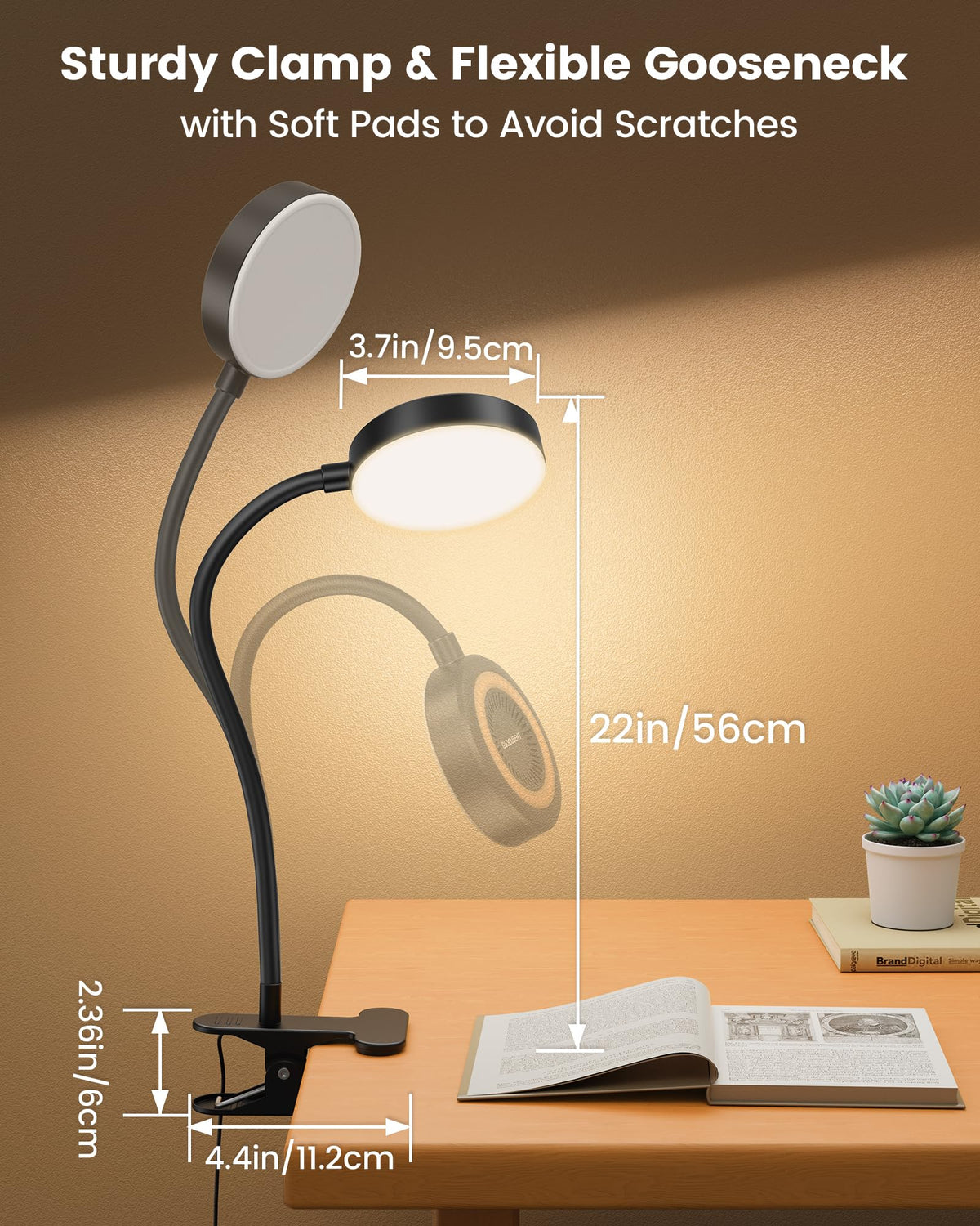 Glocusent Leselampe Bett, 72 LED Klemmlampe mit 3 Farben & 5 Helligkeiten, Flexibel Bettlampe mit Amber Nachtlicht, 30/60-Min Timer, Augenschutz, für Bett/Lesen/Arbeiten (Schwarz mit Adapter)