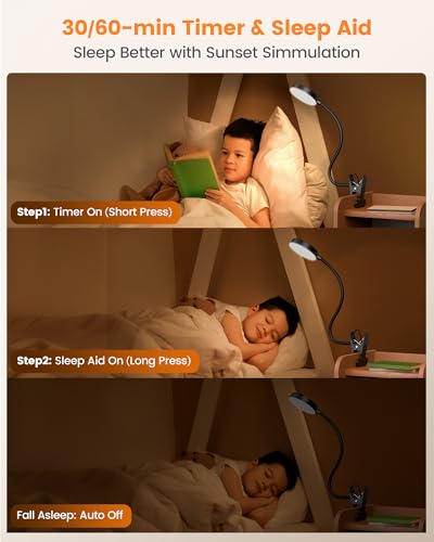 Glocusent Leselampe Bett, 72 LED Klemmlampe mit 3 Farben & 5 Helligkeiten, Flexibel Bettlampe mit Amber Nachtlicht, 30/60-Min Timer, Augenschutz, für Bett/Lesen/Arbeiten (Schwarz mit Adapter)