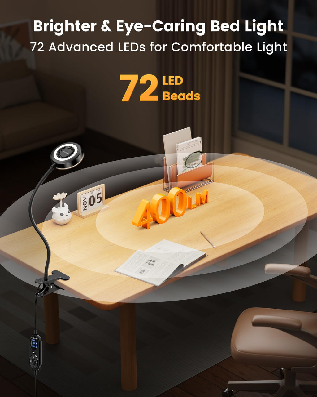 Glocusent Leselampe Bett, 72 LED Klemmlampe mit 3 Farben & 5 Helligkeiten, Flexibel Bettlampe mit Amber Nachtlicht, 30/60-Min Timer, Augenschutz, für Bett/Lesen/Arbeiten (Schwarz mit Adapter)