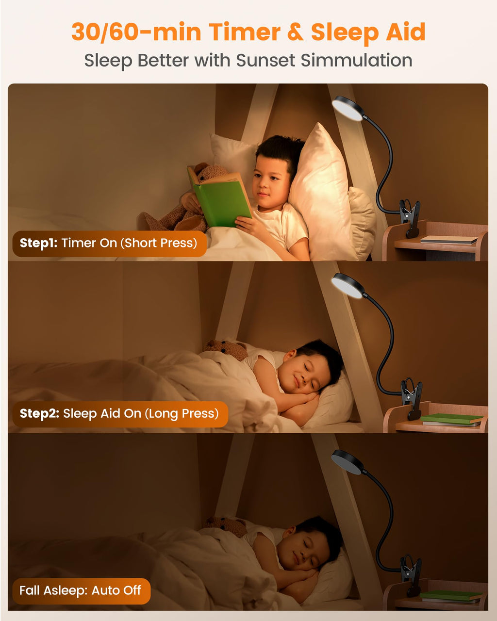 Glocusent Leselampe Bett, 72 LED Klemmlampe mit 3 Farben & 5 Helligkeiten, Flexibel Bettlampe mit Amber Nachtlicht, 30/60-Min Timer, Augenschutz, für Bett/Lesen/Arbeiten (Schwarz mit Adapter)