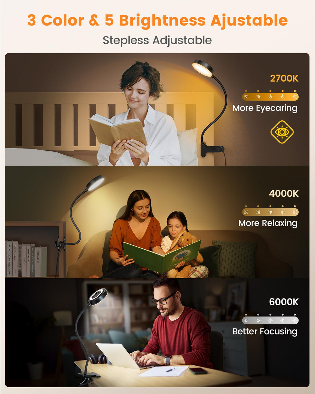 Glocusent Leselampe Bett, 72 LED Klemmlampe mit 3 Farben & 5 Helligkeiten, Flexibel Bettlampe mit Amber Nachtlicht, 30/60-Min Timer, Augenschutz, für Bett/Lesen/Arbeiten (Schwarz mit Adapter)