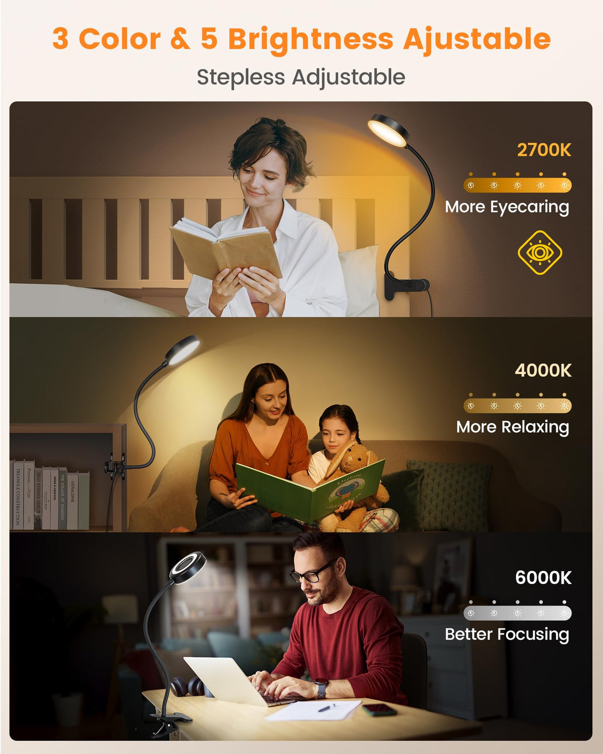 Glocusent Leselampe Bett, 72 LED Klemmlampe mit 3 Farben & 5 Helligkeiten, Flexibel Bettlampe mit Amber Nachtlicht, 30/60-Min Timer, Augenschutz, für Bett/Lesen/Arbeiten (Schwarz mit Adapter)