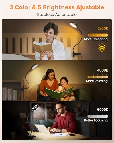 Glocusent Leselampe Bett, 72 LED Klemmlampe mit 3 Farben & 5 Helligkeiten, Flexibel Bettlampe mit Amber Nachtlicht, 30/60-Min Timer, Augenschutz, für Bett/Lesen/Arbeiten (Schwarz mit Adapter)