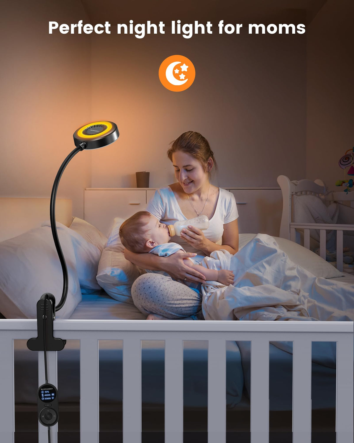 Glocusent Leselampe Bett, 72 LED Klemmlampe mit 3 Farben & 5 Helligkeiten, Flexibel Bettlampe mit Amber Nachtlicht, 30/60-Min Timer, Augenschutz, für Bett/Lesen/Arbeiten (Schwarz mit Adapter)