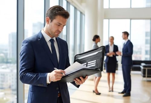 Schreibmappe A4 aus echtem Rindleder – Businessmappe & Konferenzmappe mit Reißverschluss, Schreibblock, Kartenfächern & Dokumentenfächern – Leder Dokumentenmappe für Büro & Business