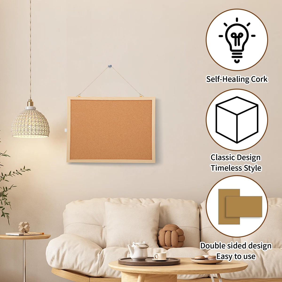 Pinnwand Kork 40 x 30 cm, cork board, mit 5 Stecknadeln, Korktafel mit Holzrahmen, ideal für Büro, Schule, Schlafzimmer und Zuhause, hochwertige Korkwand Pinnwand aus der, vielseitig und praktisch.
