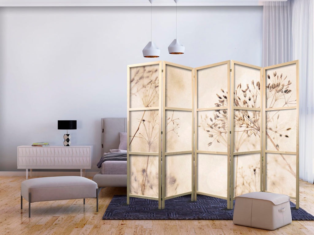murando - Paravent Raumteiler Holz Pflanzen, 225x172 cm, 5-teilig, modern
