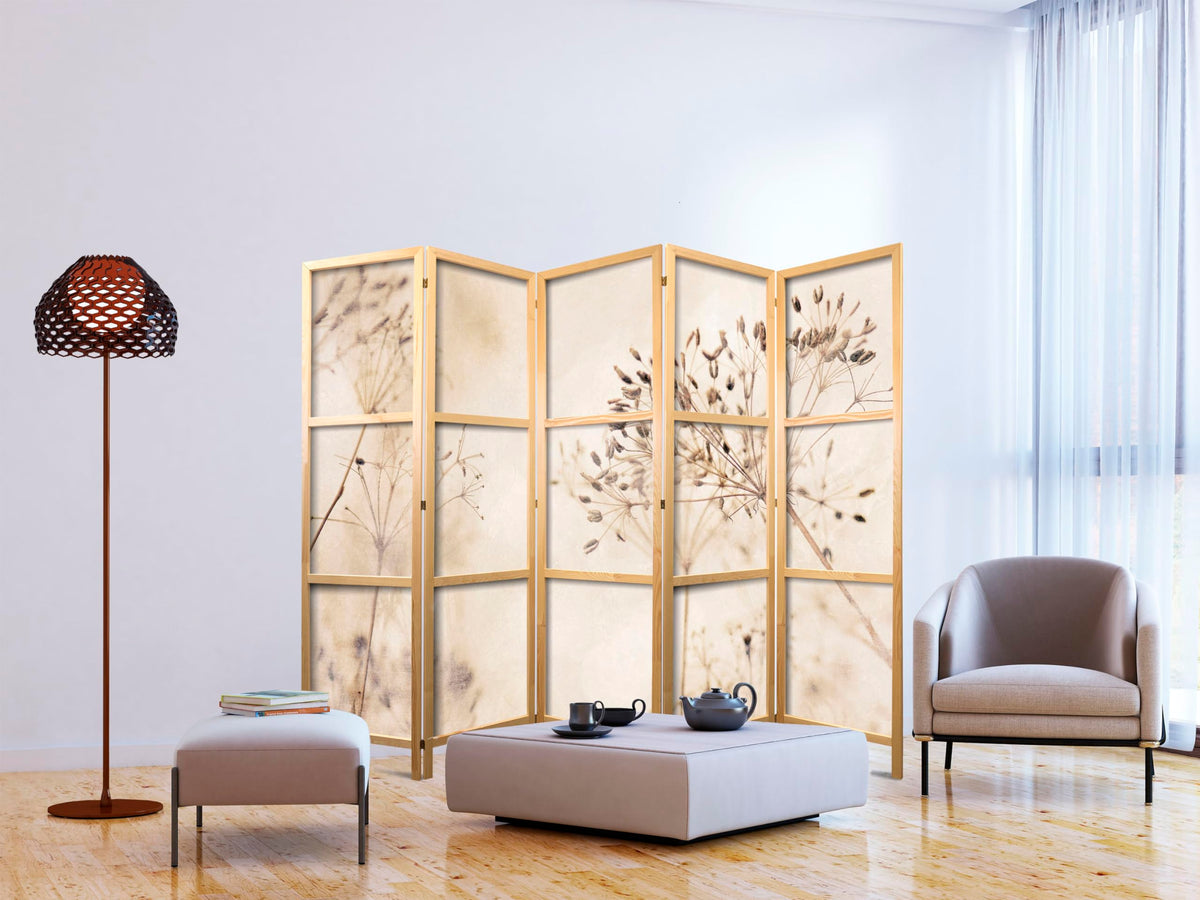 murando - Paravent Raumteiler Holz Pflanzen, 225x172 cm, 5-teilig, modern