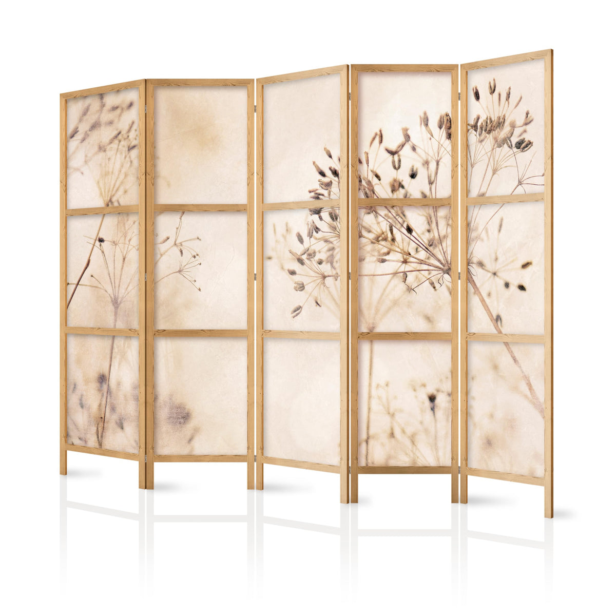 murando - Paravent Raumteiler Holz Pflanzen, 225x172 cm, 5-teilig, modern