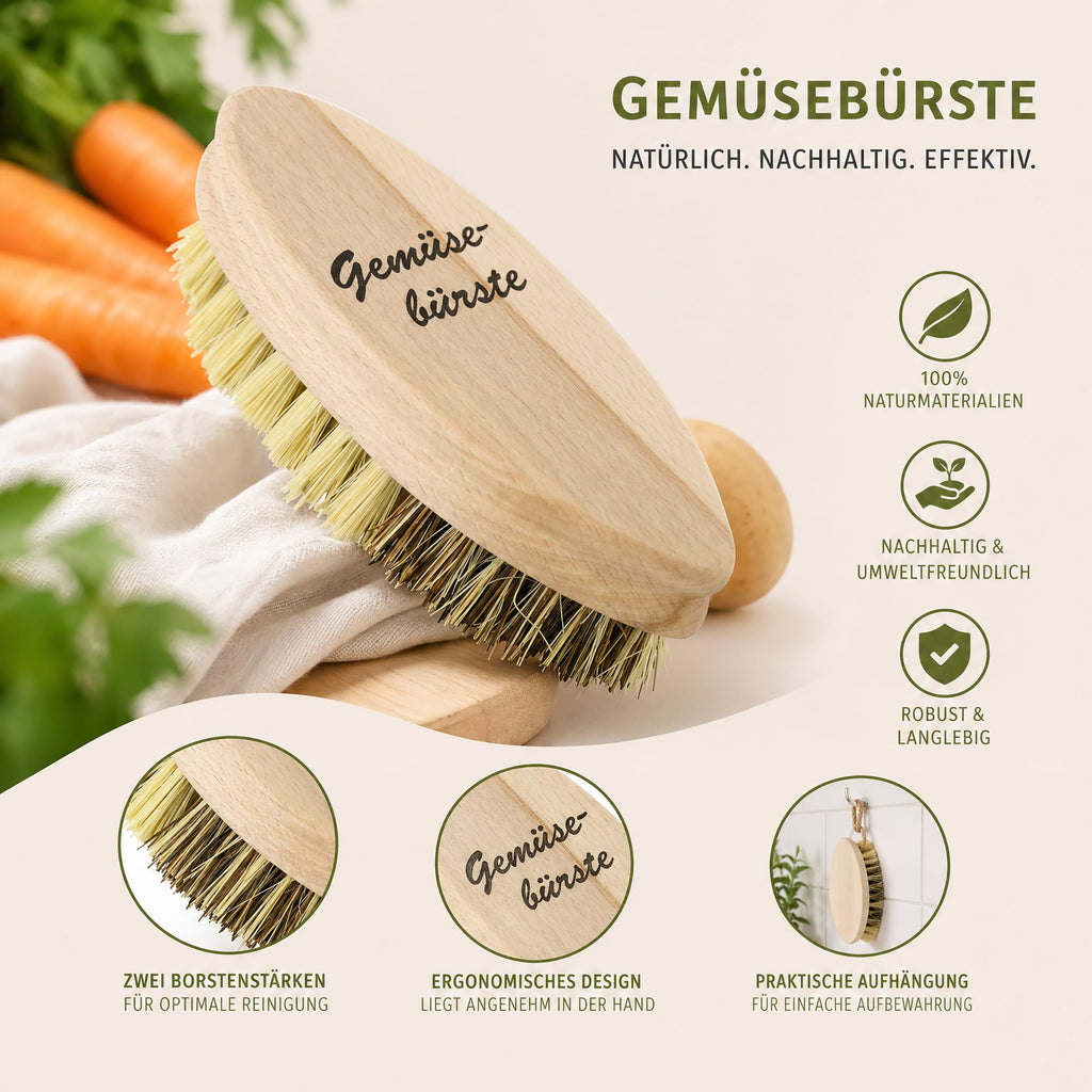 Lantelme Obst und Gemüsebürsten Set 2 Teilig vom unbehandeltem Buchenholz aus Deutschland mit Naturborsten | Bürstenset Ideal zur Reinigung und abwaschen von Obst Gemüse Pilzen Bürsten