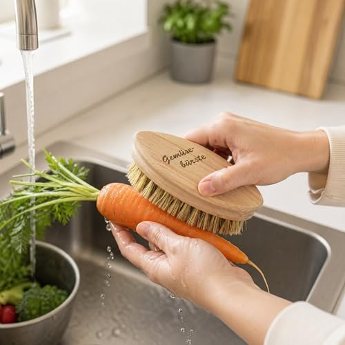 Lantelme Obst und Gemüsebürsten Set 2 Teilig vom unbehandeltem Buchenholz aus Deutschland mit Naturborsten | Bürstenset Ideal zur Reinigung und abwaschen von Obst Gemüse Pilzen Bürsten