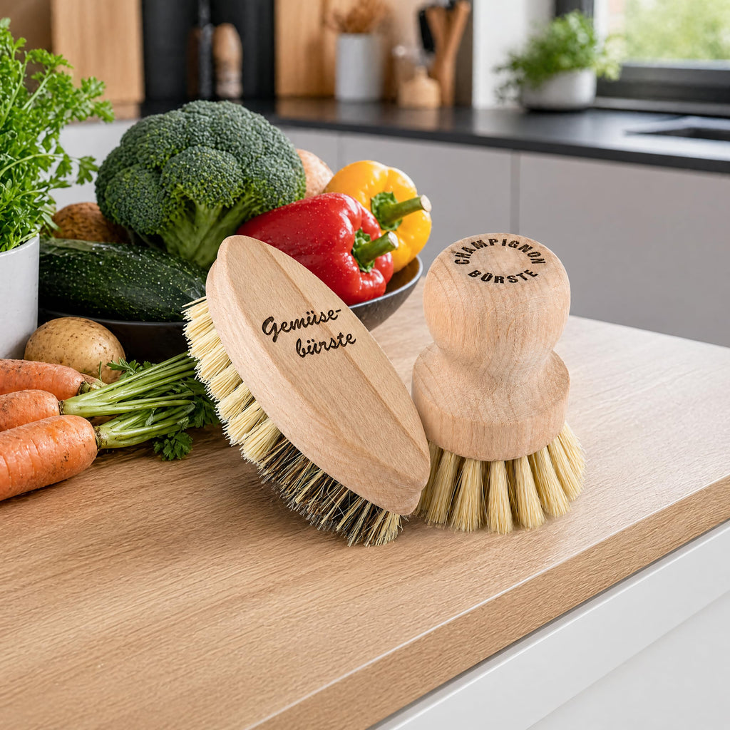 Lantelme Obst und Gemüsebürsten Set 2 Teilig vom unbehandeltem Buchenholz aus Deutschland mit Naturborsten | Bürstenset Ideal zur Reinigung und abwaschen von Obst Gemüse Pilzen Bürsten
