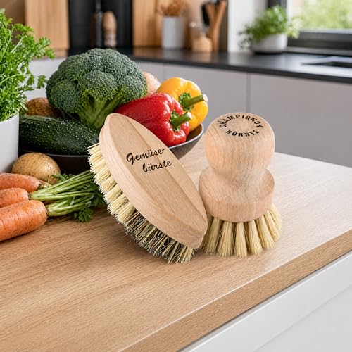 Lantelme Obst und Gemüsebürsten Set 2 Teilig vom unbehandeltem Buchenholz aus Deutschland mit Naturborsten | Bürstenset Ideal zur Reinigung und abwaschen von Obst Gemüse Pilzen Bürsten