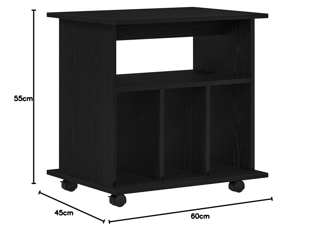 Rollschrank Schwarz Eichen-Optik 60x45x55 cm Büroschrank mit 4 Rollen und verstellbaren Regalen holzwerkstoff Modernes Design platzsparend für Home-Office Wohnzimmer & Flur