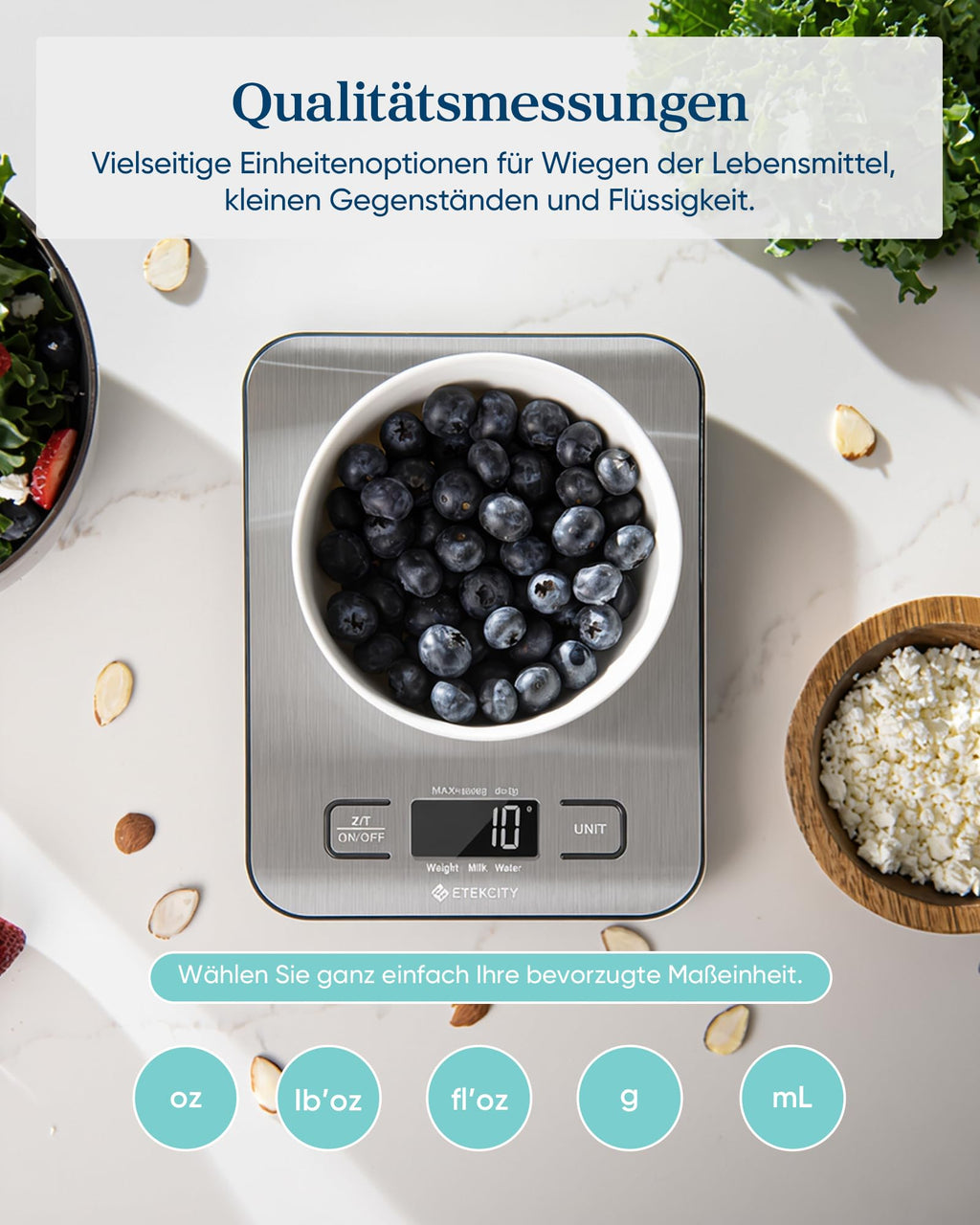 Etekcity Küchenwaage Digital, Edelstahl Waage Küche für Kaffee, Backen,Brot