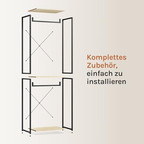 WOLTU Garderobenständer Kleiderständer Wäscheständer mit Ablage aus Holz und Stahl mit Antirutsche Füße Mehr Stabil, Hängeregal, Schwarz + Hell Eiche