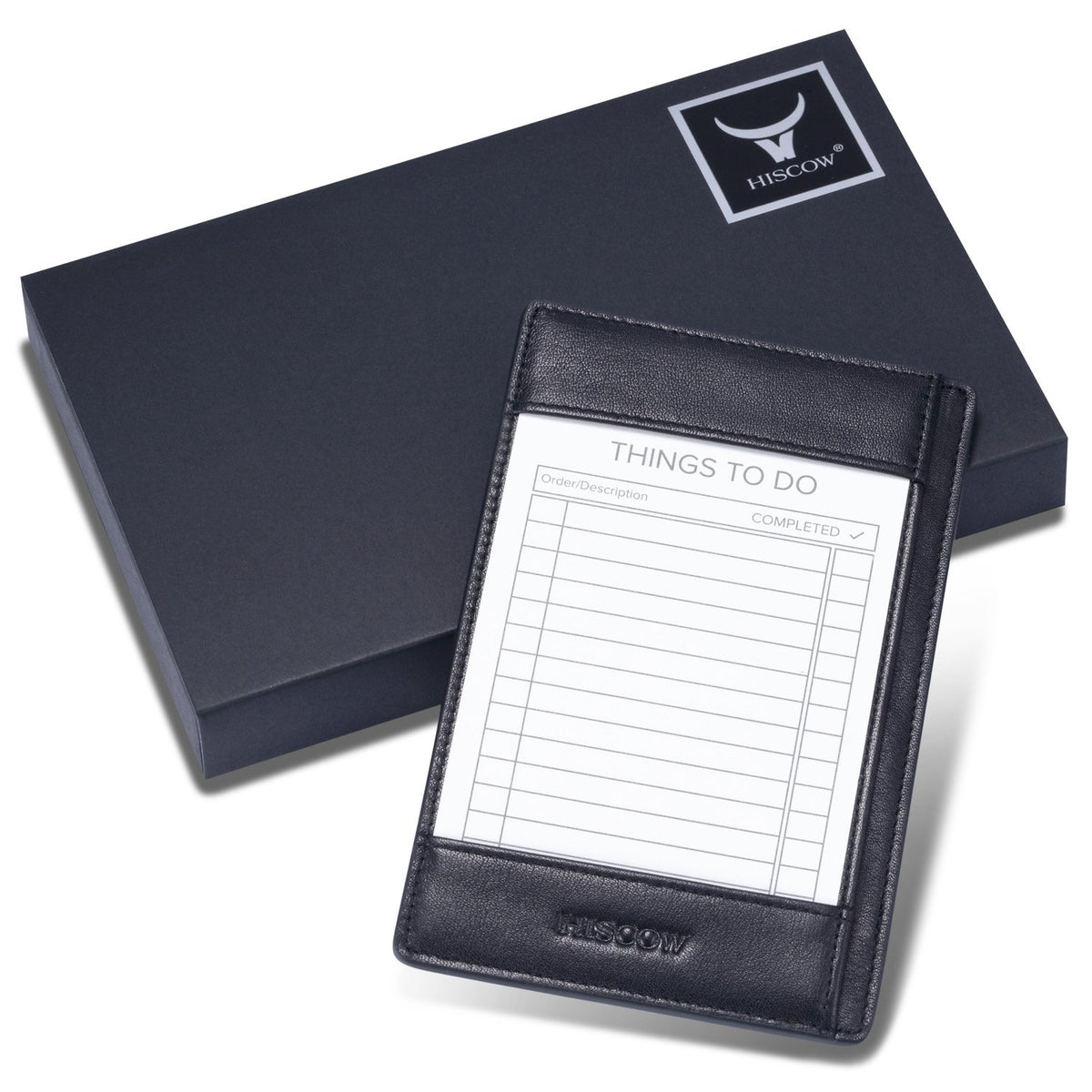HISCOW Notizblock und Taschen-Notizbuch aus italienischem Leder, 7,6 x 12,7 cm, mit sicherem Stifthalter, nachfüllbarer Notizblock, Organizer für Arbeit und Reisen, Schwarz