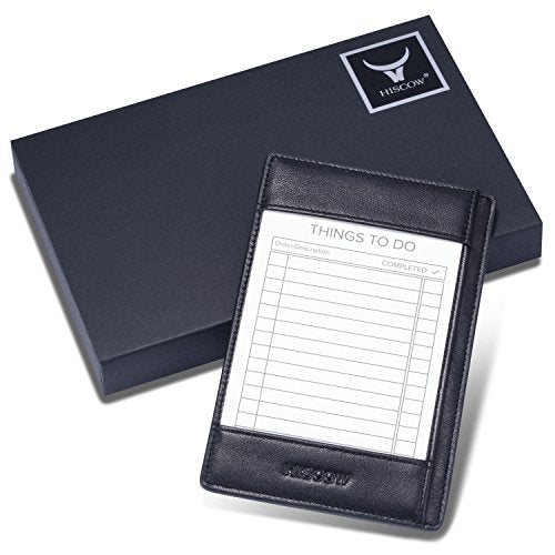 HISCOW Notizblock und Taschen-Notizbuch aus italienischem Leder, 7,6 x 12,7 cm, mit sicherem Stifthalter, nachfüllbarer Notizblock, Organizer für Arbeit und Reisen, Schwarz