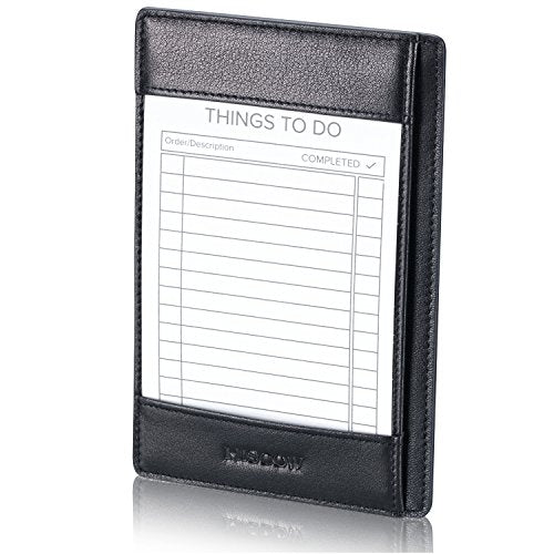 HISCOW Notizblock und Taschen-Notizbuch aus italienischem Leder, 7,6 x 12,7 cm, mit sicherem Stifthalter, nachfüllbarer Notizblock, Organizer für Arbeit und Reisen, Schwarz