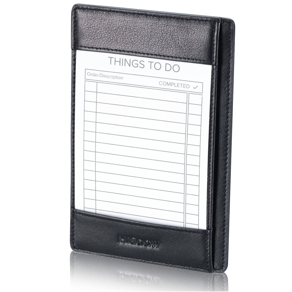 HISCOW Notizblock und Taschen-Notizbuch aus italienischem Leder, 7,6 x 12,7 cm, mit sicherem Stifthalter, nachfüllbarer Notizblock, Organizer für Arbeit und Reisen, Schwarz