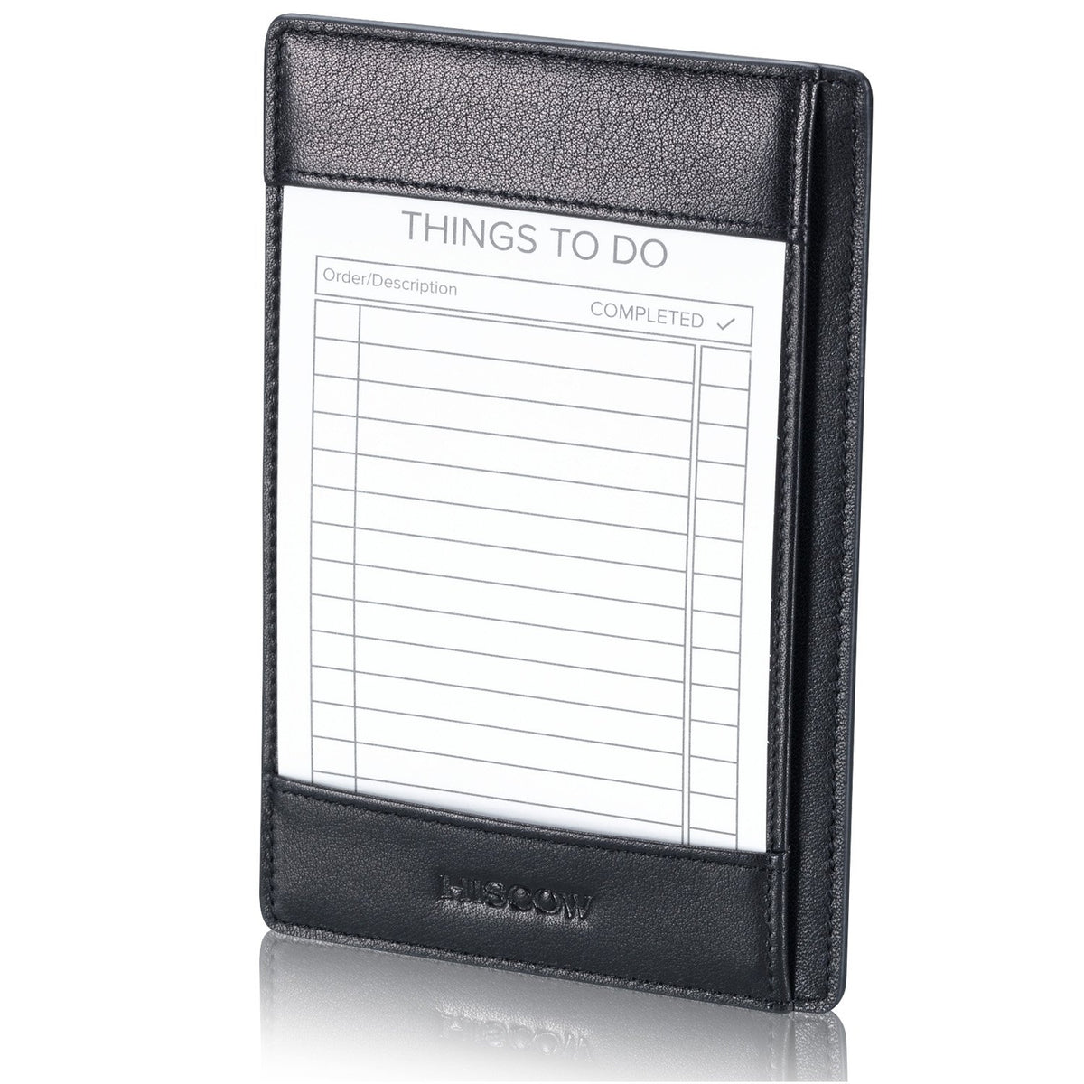 HISCOW Notizblock und Taschen-Notizbuch aus italienischem Leder, 7,6 x 12,7 cm, mit sicherem Stifthalter, nachfüllbarer Notizblock, Organizer für Arbeit und Reisen, Schwarz