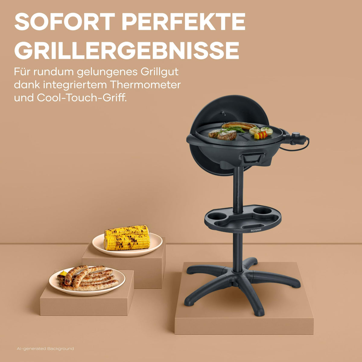 SEVERIN Barbecue-/Standgrill mit Haube, Elektrogrill mit Thermostat, Grillplatte mit keramischer Beschichtung, 2.000W, Grillfläche Ø 41 cm, Matt Schwarz, PG 8541