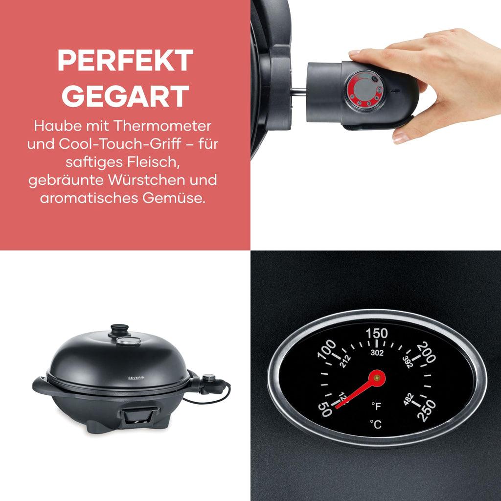 SEVERIN Barbecue-/Standgrill mit Haube, Elektrogrill mit Thermostat, Grillplatte mit keramischer Beschichtung, 2.000W, Grillfläche Ø 41 cm, Matt Schwarz, PG 8541