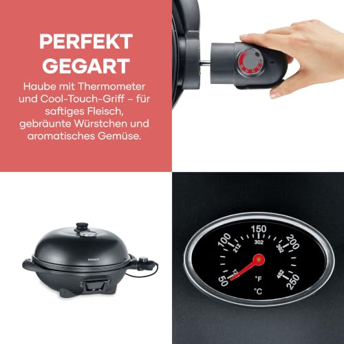 SEVERIN Barbecue-/Standgrill mit Haube, Elektrogrill mit Thermostat, Grillplatte mit keramischer Beschichtung, 2.000W, Grillfläche Ø 41 cm, Matt Schwarz, PG 8541