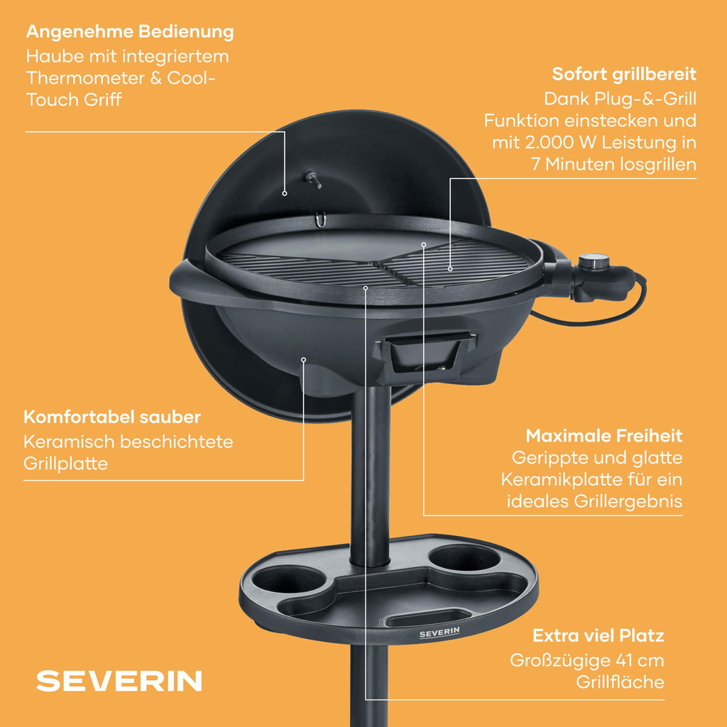 SEVERIN Barbecue-/Standgrill mit Haube, Elektrogrill mit Thermostat, Grillplatte mit keramischer Beschichtung, 2.000W, Grillfläche Ø 41 cm, Matt Schwarz, PG 8541