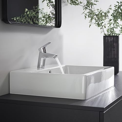 hansgrohe Logis - Waschtischarmatur mit Push-Open Ablauf, Wasserhahn Bad mit Auslauf Höhe 67 mm, Mischbatterie Waschbecken wassersparend (EcoSmart), Chrom, 71077000