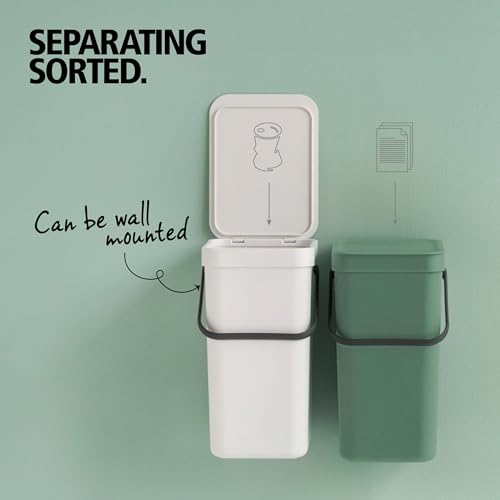 Brabantia Sort & Go Abfalleimer mit Deckel 12 L (grau), platzsparender Pfandsammler mit Griff, abnehmbarer, feststellbarer Deckel, leicht zu reinigender großer Mülleimer ohne Ecken und Ränder