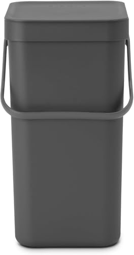 Brabantia Sort & Go Abfalleimer mit Deckel 12 L (grau), platzsparender Pfandsammler mit Griff, abnehmbarer, feststellbarer Deckel, leicht zu reinigender großer Mülleimer ohne Ecken und Ränder