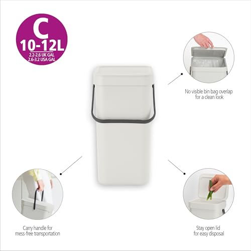 Brabantia Sort & Go Abfalleimer mit Deckel 12 L (grau), platzsparender Pfandsammler mit Griff, abnehmbarer, feststellbarer Deckel, leicht zu reinigender großer Mülleimer ohne Ecken und Ränder