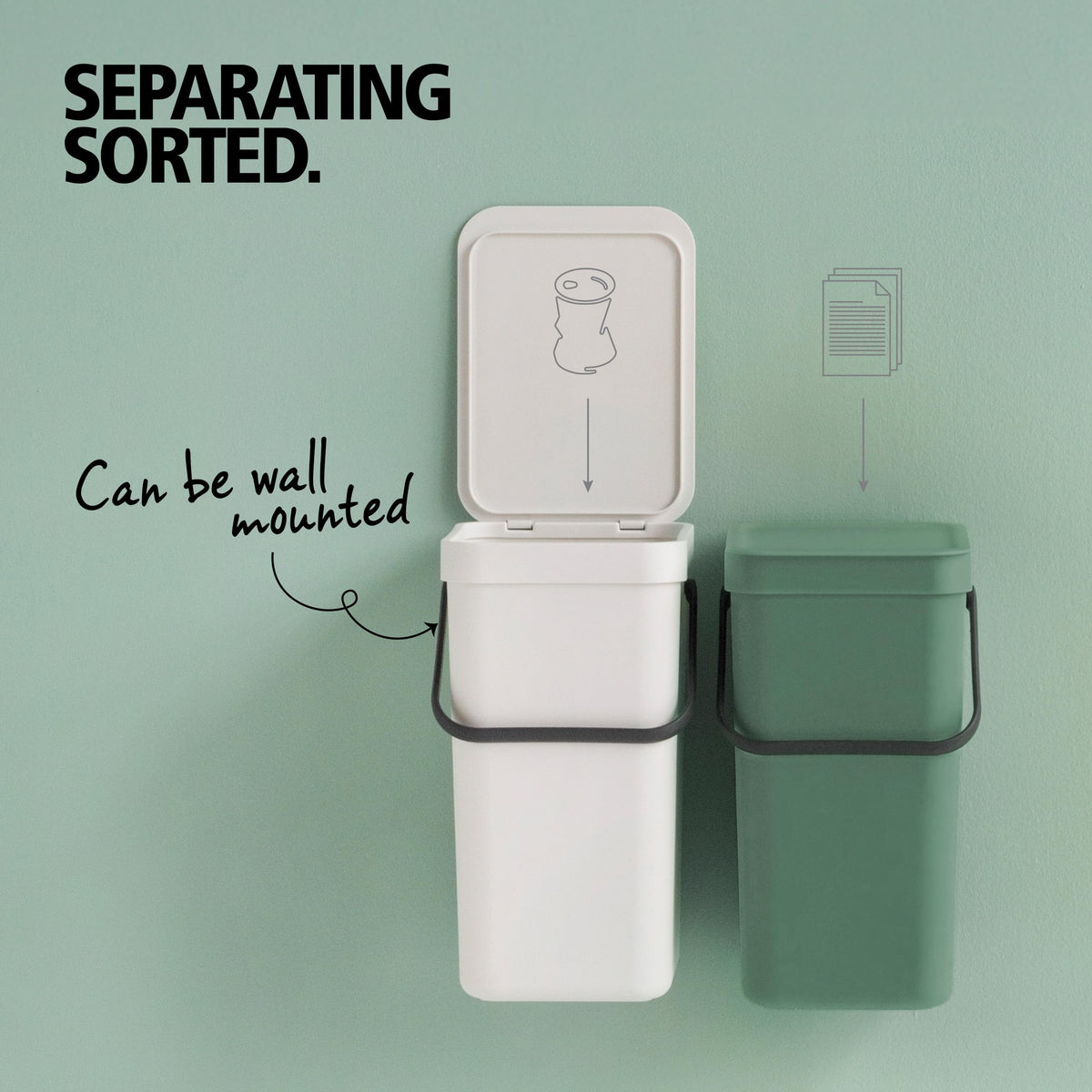 Brabantia Sort & Go Abfalleimer mit Deckel 12 L (grau), platzsparender Pfandsammler mit Griff, abnehmbarer, feststellbarer Deckel, leicht zu reinigender großer Mülleimer ohne Ecken und Ränder