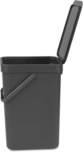Brabantia Sort & Go Abfalleimer mit Deckel 12 L (grau), platzsparender Pfandsammler mit Griff, abnehmbarer, feststellbarer Deckel, leicht zu reinigender großer Mülleimer ohne Ecken und Ränder