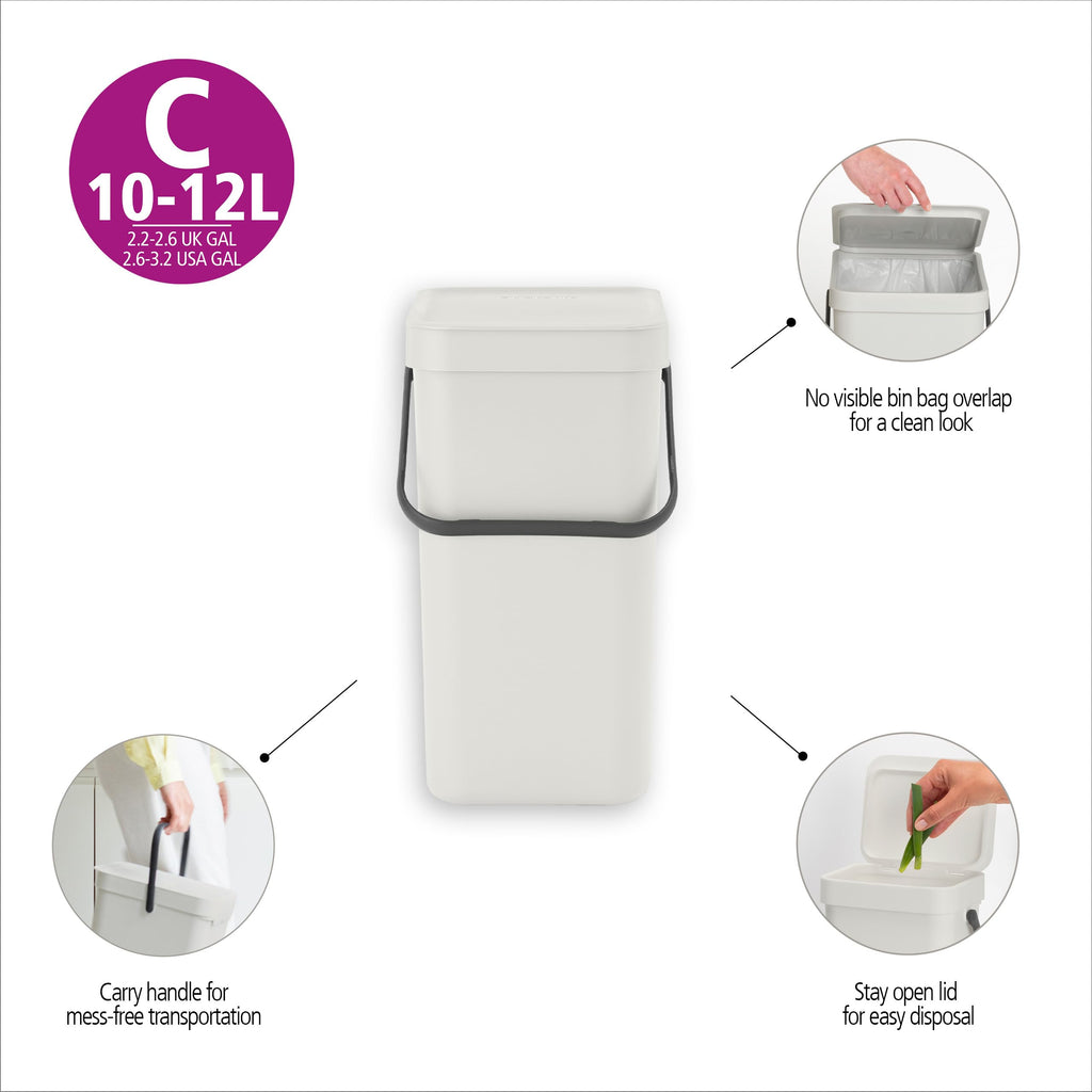 Brabantia Sort & Go Abfalleimer mit Deckel 12 L (grau), platzsparender Pfandsammler mit Griff, abnehmbarer, feststellbarer Deckel, leicht zu reinigender großer Mülleimer ohne Ecken und Ränder