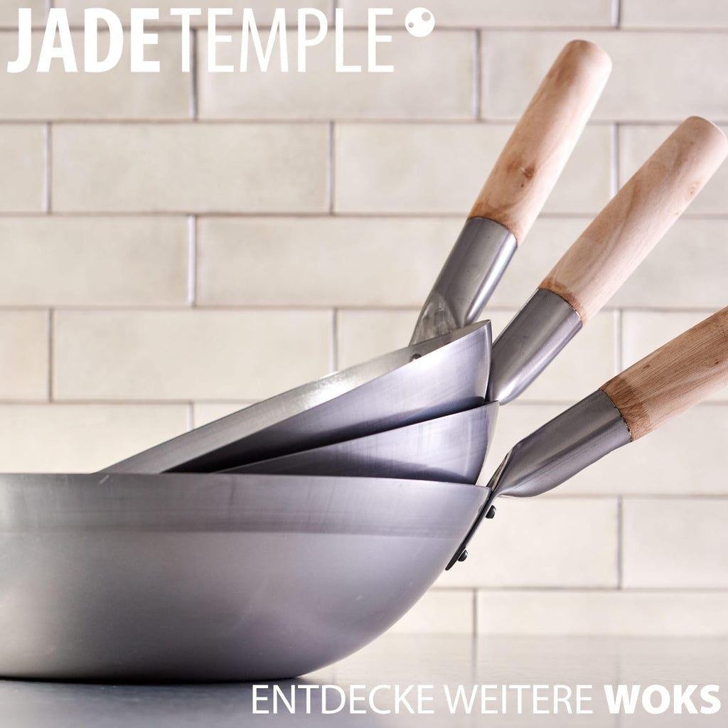 JADE TEMPLE Wok aus Carbonstahl, mit flachem Boden und 35 cm Durchmesser, mit rundem Holzgriff, Grau