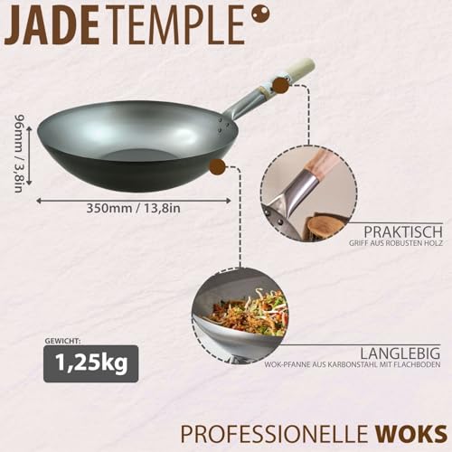 JADE TEMPLE Wok aus Carbonstahl, mit flachem Boden und 35 cm Durchmesser, mit rundem Holzgriff, Grau